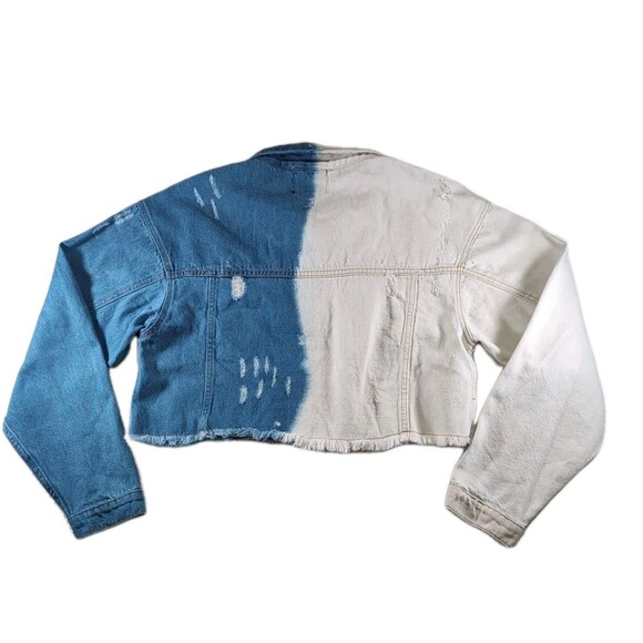 Spoon Jeans Cropped Denim Distressed Jean Jacket Size LARGE Blue White Buttons - Picture 2 of 6